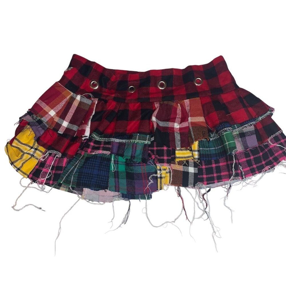 Upcycled Patchwork Plaid Mini Skirt Multicolor Wo… - image 1